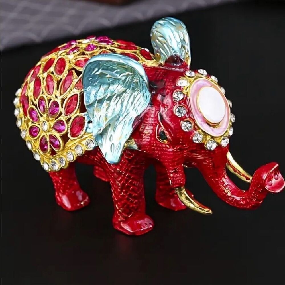 Hand Painted Enameled Elephant Trinket Box Womens Sparkling Crystal Rhinestones